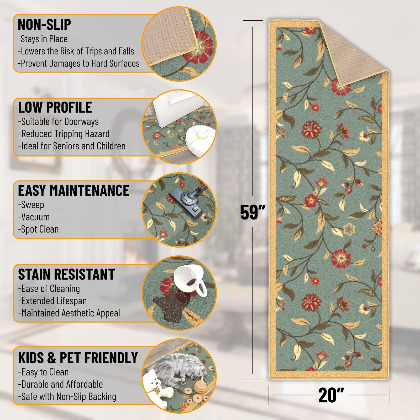 Hallway Runner Rug 20" x 59" Non Slip Floral Area Rugs Easy to Clean Laundry ...