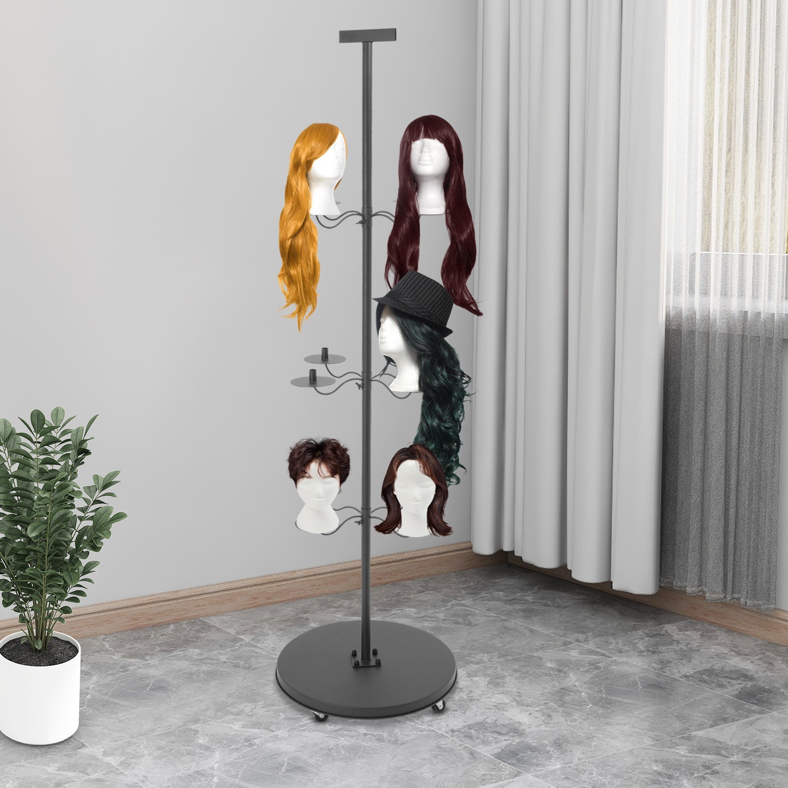 12-head Wig Holder Black Wig Head Stand Wig Display& Storage Rack 19.69*70.08in