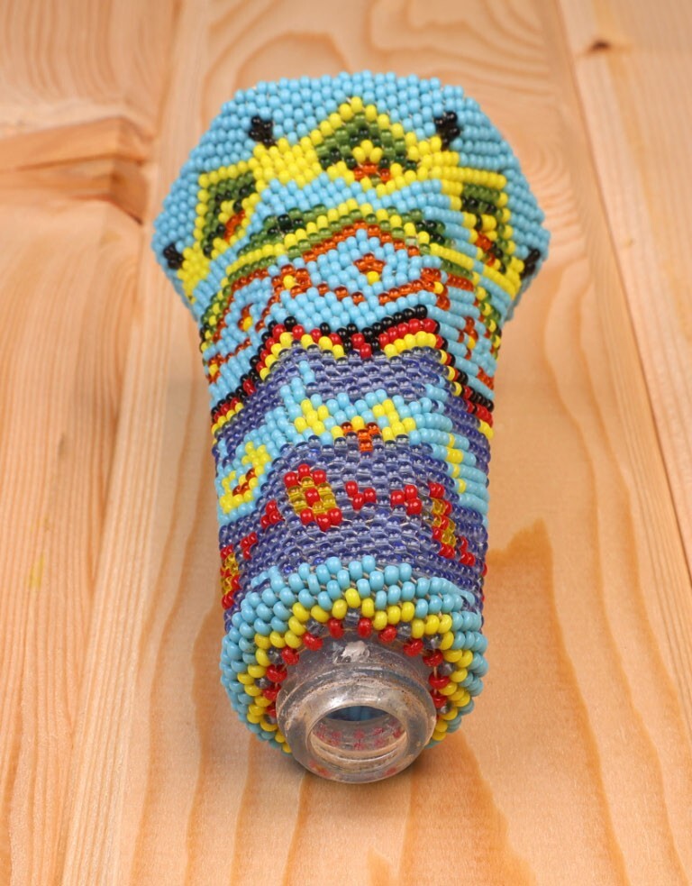 Paiute Beaded Glass / Basket / Bead-Covered Jar with Blue Field, Diamond Motif