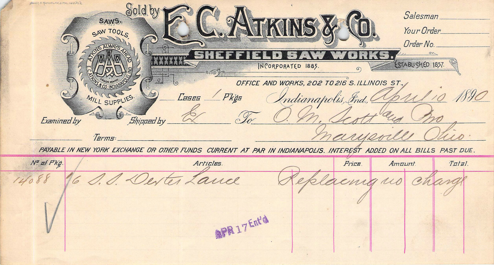 1890 SHEFFIELD SAW WORKS TOOLS DEXTER LANCE E C ATKINS