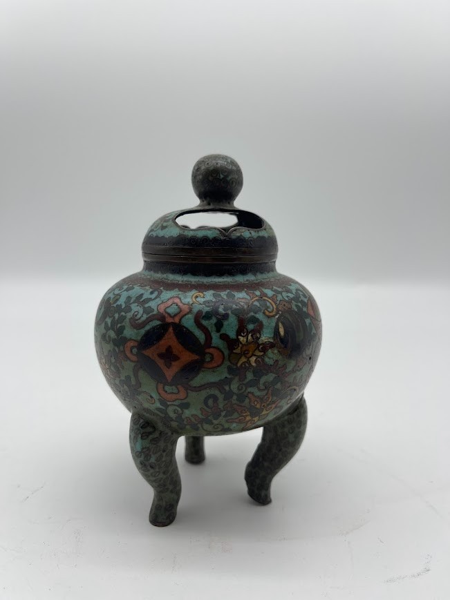 Antique Chinese cloisonné three-legged incense burner