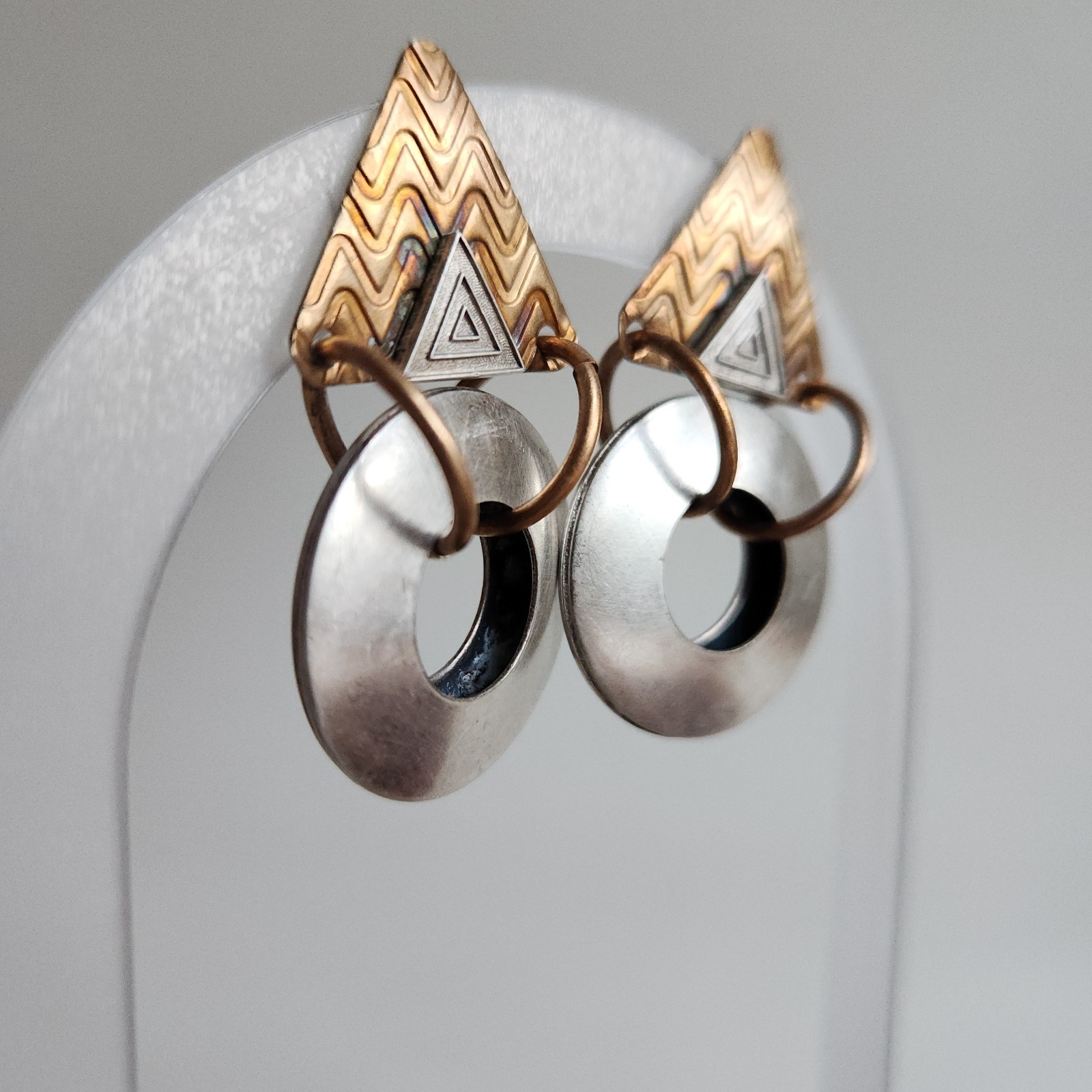 Handcrafted Geometric Artisan Post Earrings — Brass & Silver-Tone Disc Dangle