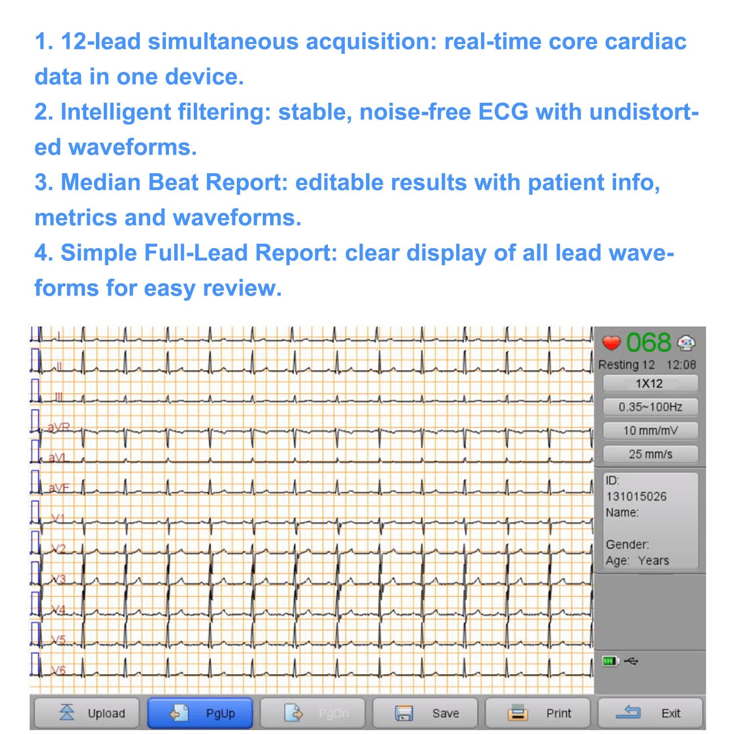 Professional Portable 12-Lead EKG Machine 3-Channel ECG with Analysis & Printer
