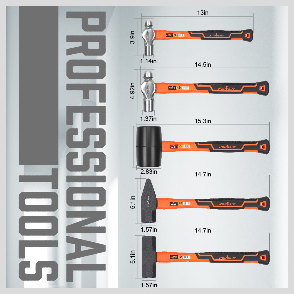 HORUSDY 5PC Hammer Set 16/32OZ Ball Pain 32OZ Rubber 3lb Sledge 3lb Cross Hammer