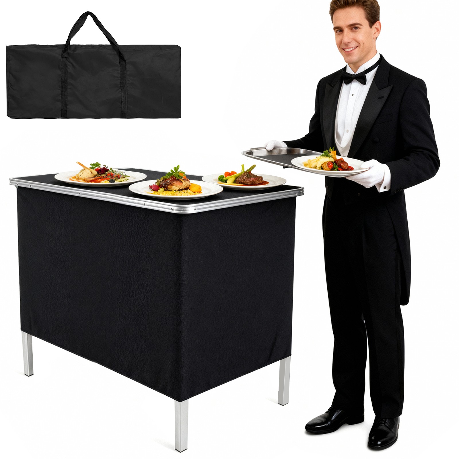 Portable Folding Bar 38.5" with Storage Shelves, Removable Skirt & Carry Case