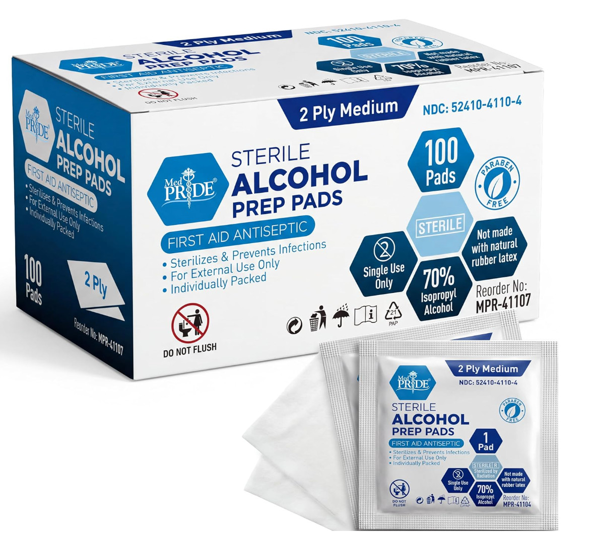 MED PRIDE Sterile Alcohol Prep Pads, Antiseptic 70% Isopropyl 2 Ply Wipes 100+Ct