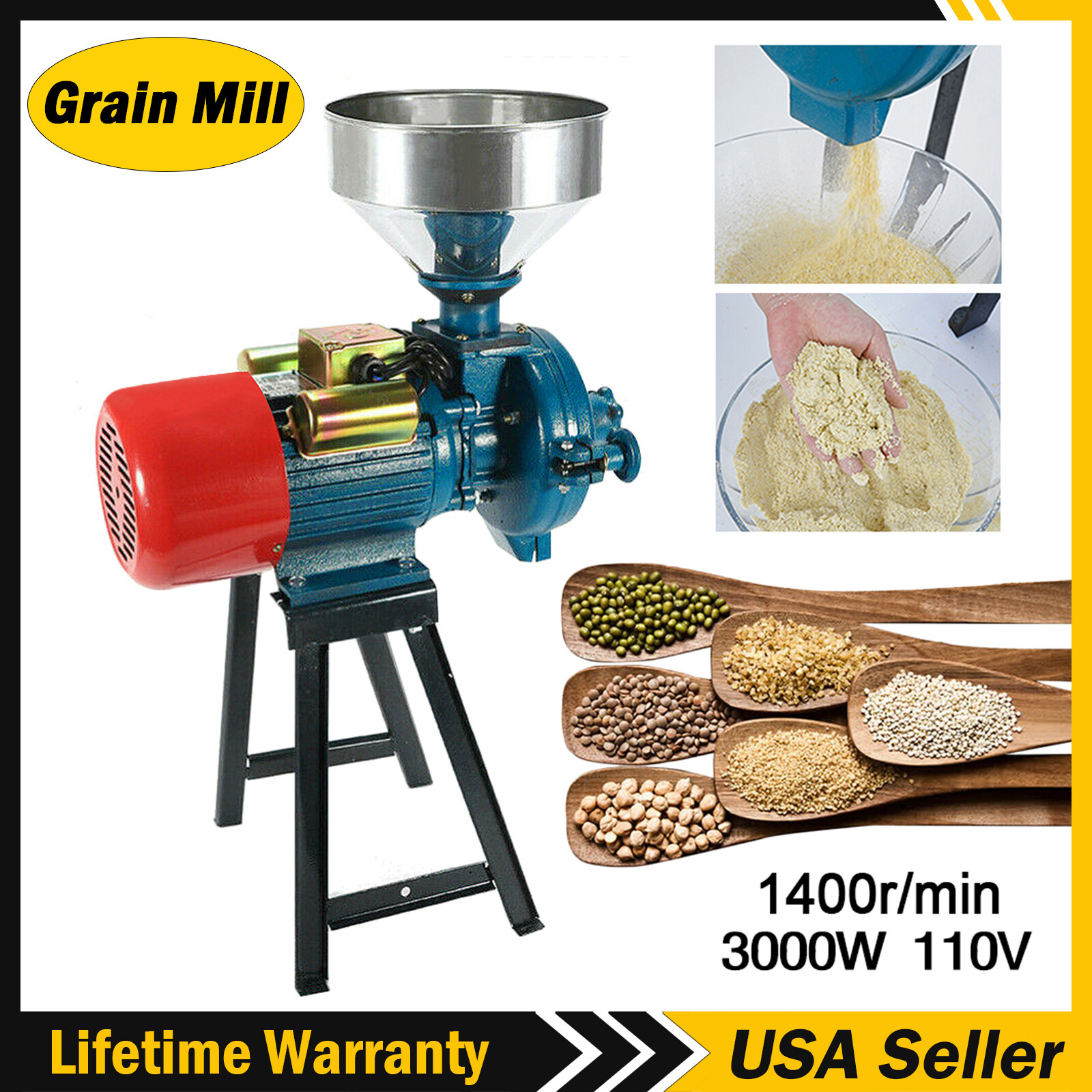 Electric Grinder Mill Grain Corn Wheat Feed/Flour Wet&Dry Cereal Machine 110V