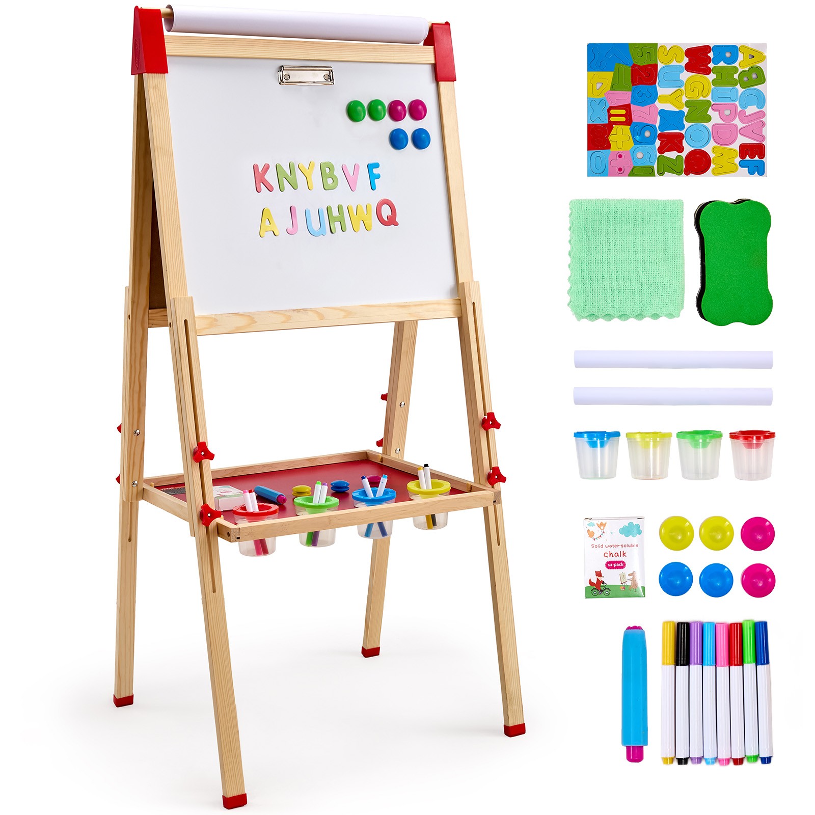 3-in-1 Kids Art Easel Double-Sided Wooden Magnetic Whiteboard Chalkboard