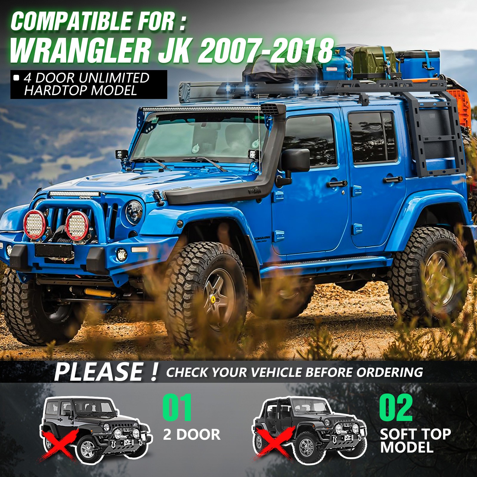 Roof Rack with Ladder For 2007-2018 Jeep Wrangler JK Unlimited 4 Doors Hardtop