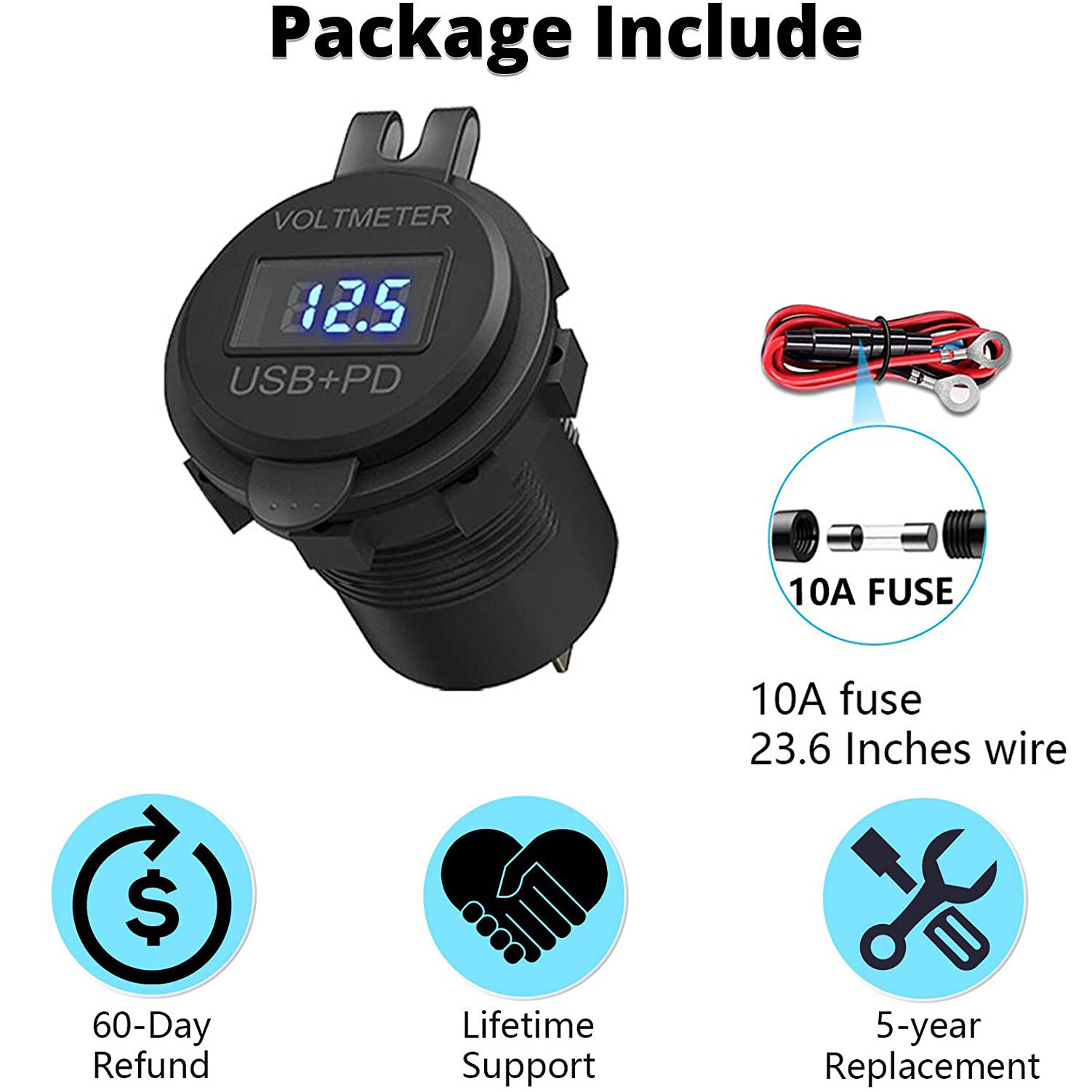 12V-24V PD + QC3.0 Dual USB Car Fast Charger Power Socket Outlet LED Voltmeter