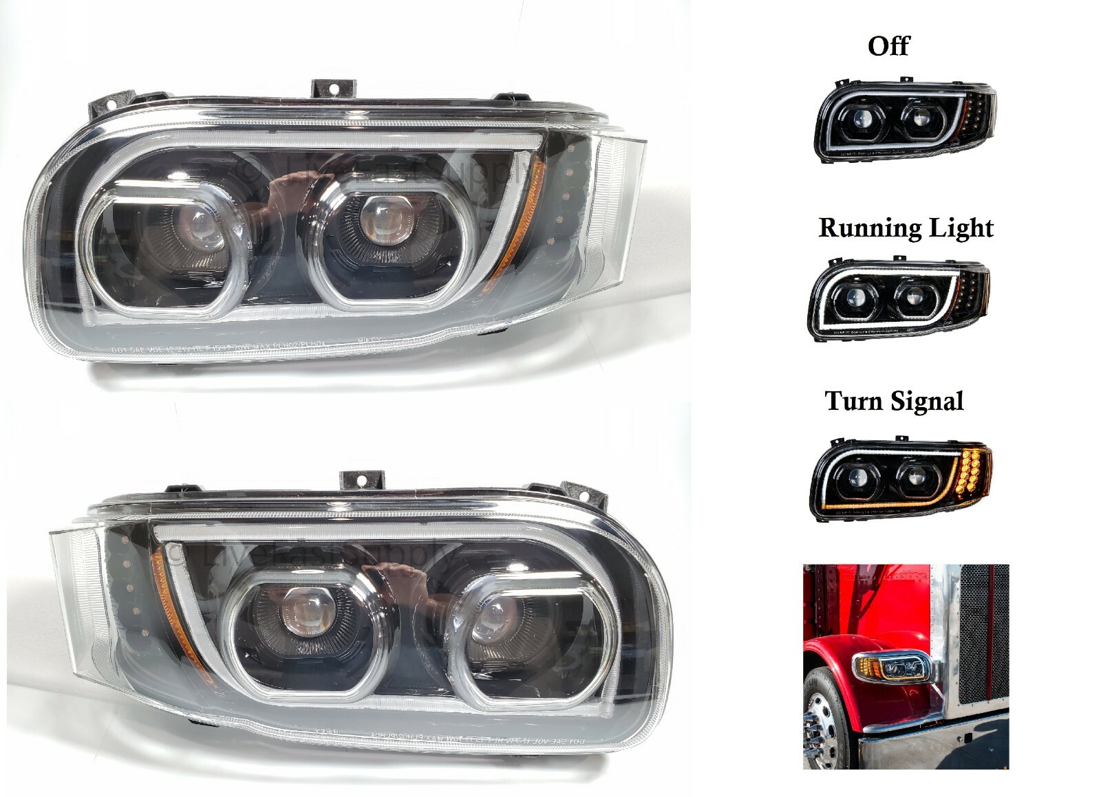 Pair All LED Headlights w/ Dual Function LED Halo DLR for Peterbilt 388/389/567