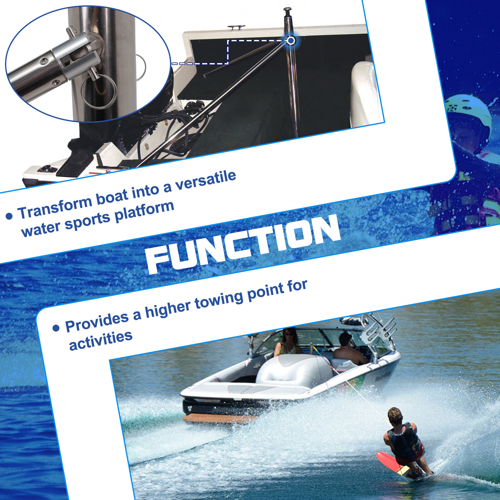 Water Ski Pylon for Outboard Boat Stainless Steel Adjustable Pole Height 33"-57"