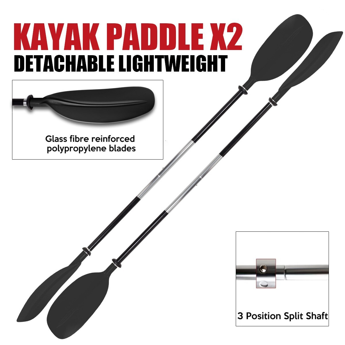 Oceansouth Kayak Paddles Black, Aluminum Asymmetric (Split Shaft) x 2