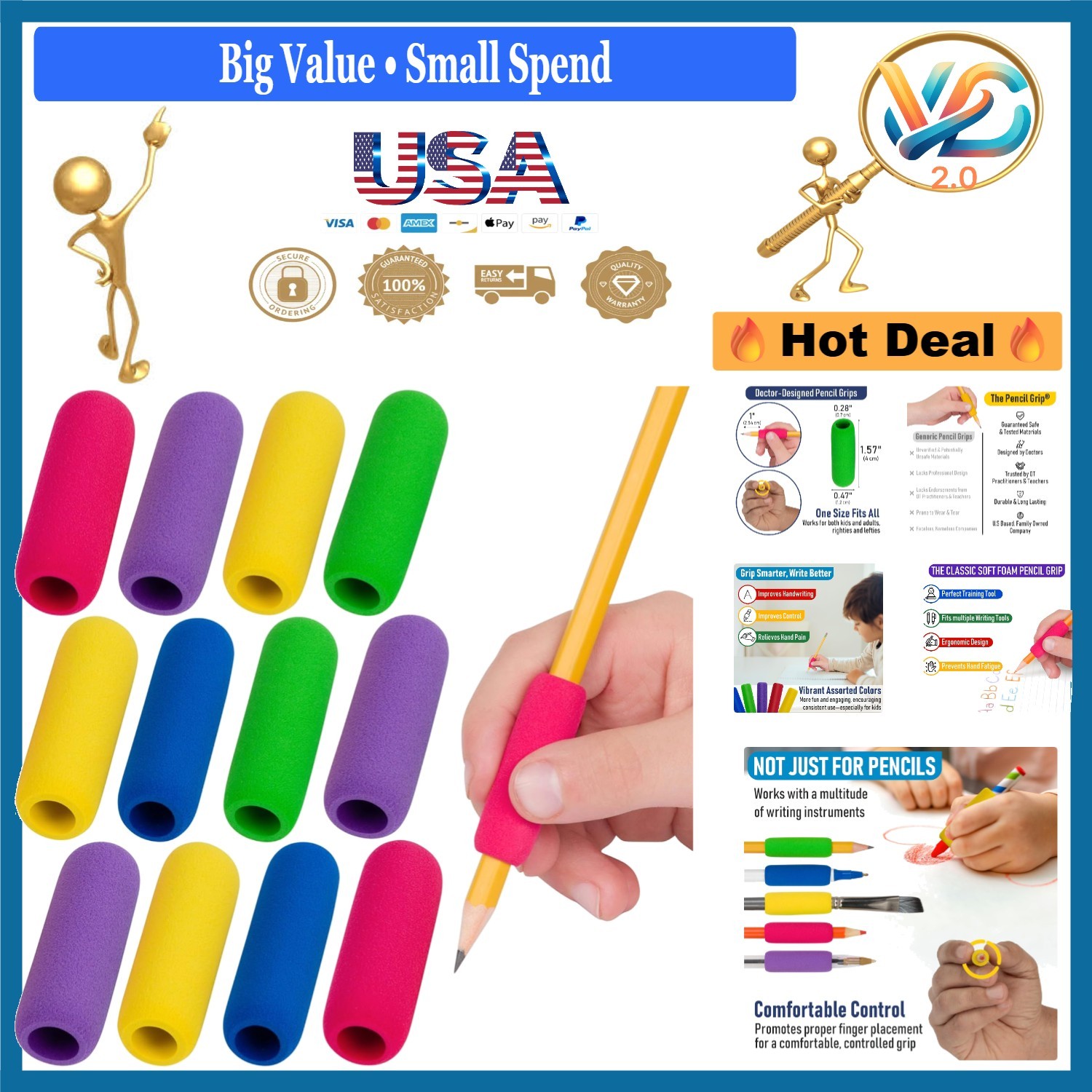 Ergonomic Pencil Grips 12 Pack Assorted Colors for Left & Right-Handed Use