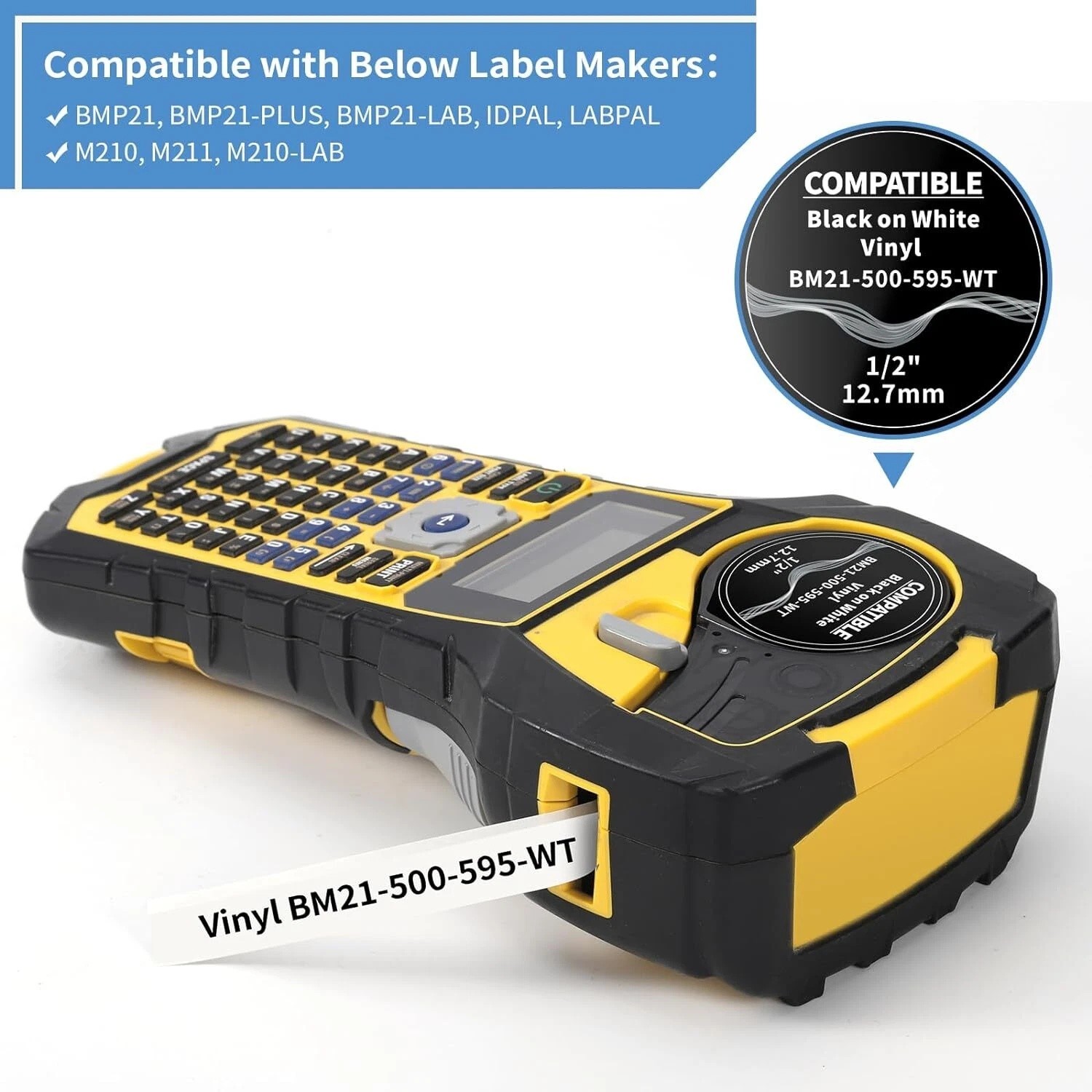 10PK For Brady BMP21-PLUS M21-500-595-WT Vinyl 1/2" Black on White Label Tape