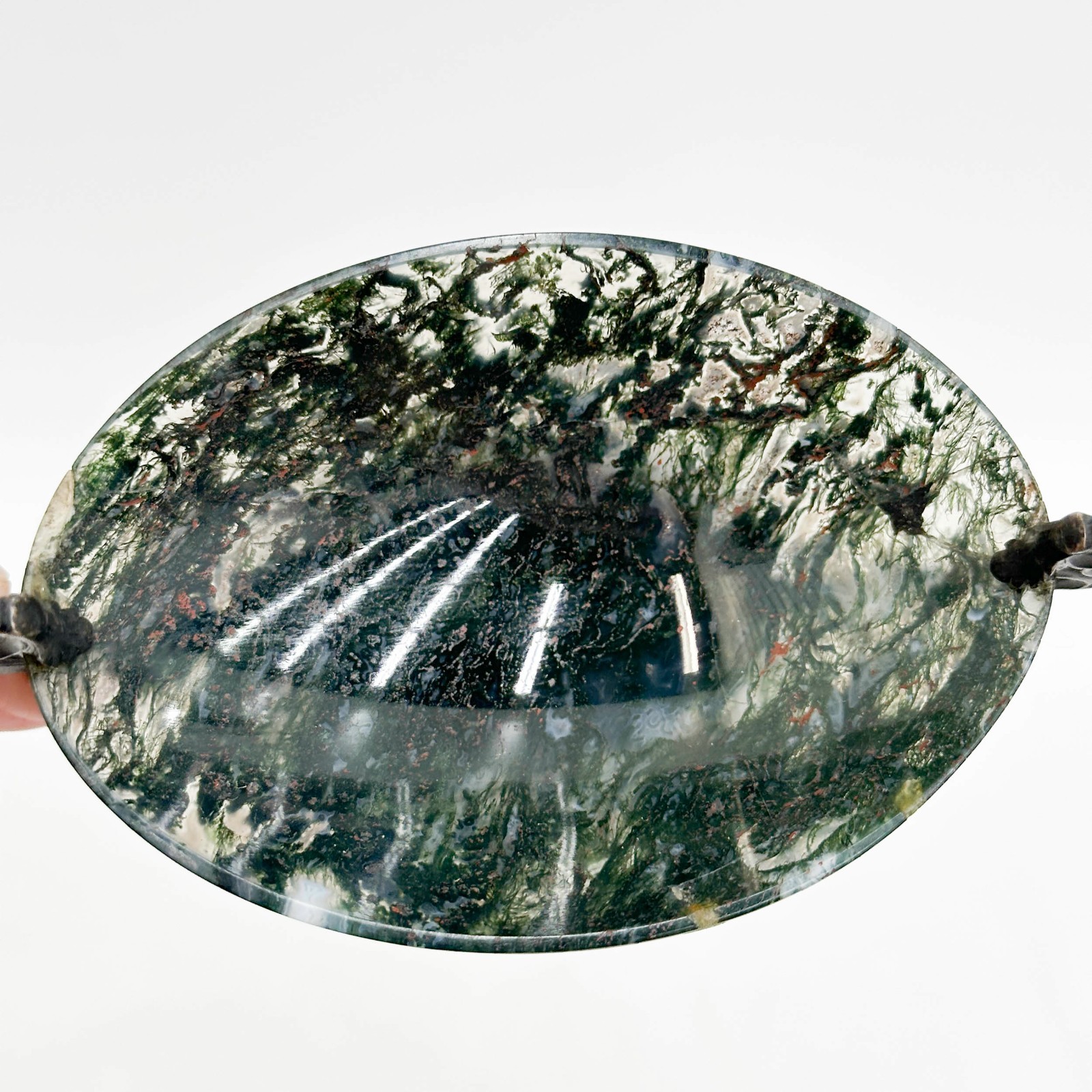 French Sterling Silver Carved Moss Agate Double Handled Master Salt