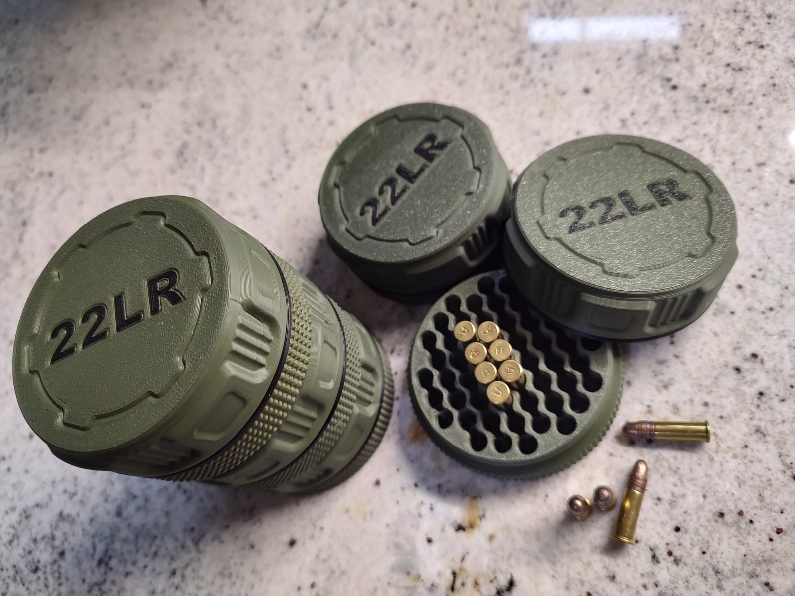 5-22 LR cartridge Mini Ammo Box, Stackable. Holds 55 Rounds ea. Screw on Lid.