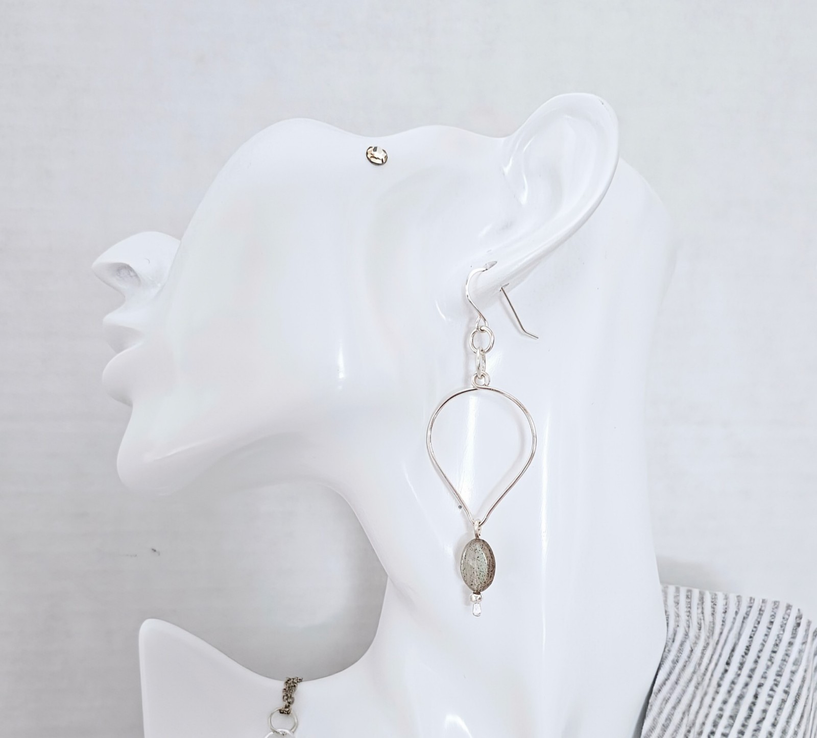 Handmade Silver Teardrop Hoop Dangle Boho Earrings with Labradorite Gemstones