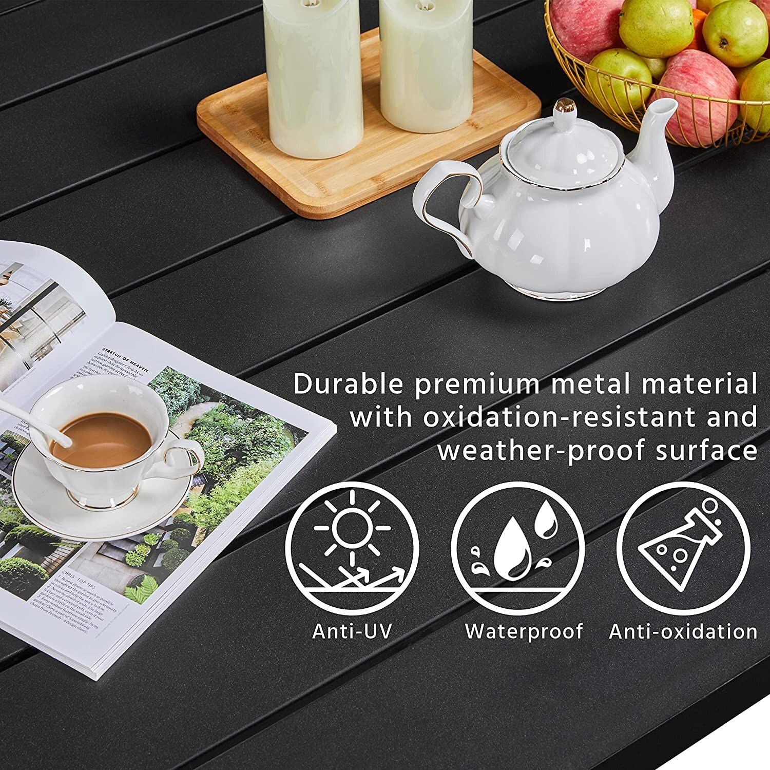 60" Outdoor Dining Table Metal Rectangular Patio Dining Table with Umbrella Hole