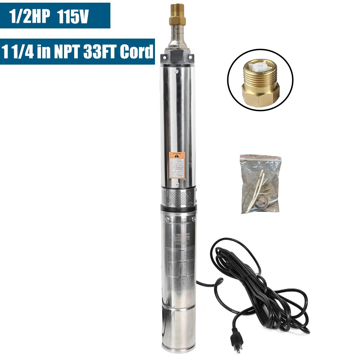 4" Deep Well Submersible Pump, 1/2HP, 110V, 60 Hz, 28GPM, 150 Ft Max,1 1/4in NPT