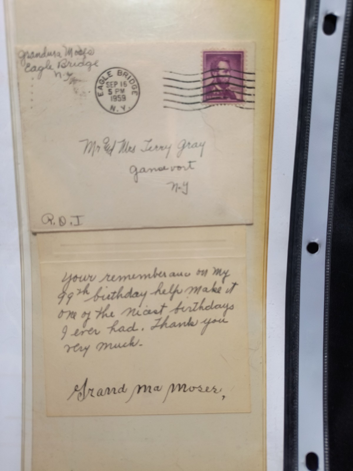 Grandma Moses Hand Written Card Signed COA 99TH Birthday Folk Artist Painter