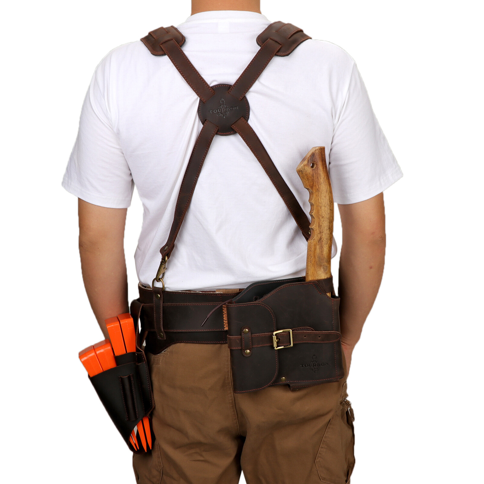 TOURBON Leather Logging Belt Kits Felling Tools Carry Suspenders Adjustable Gift