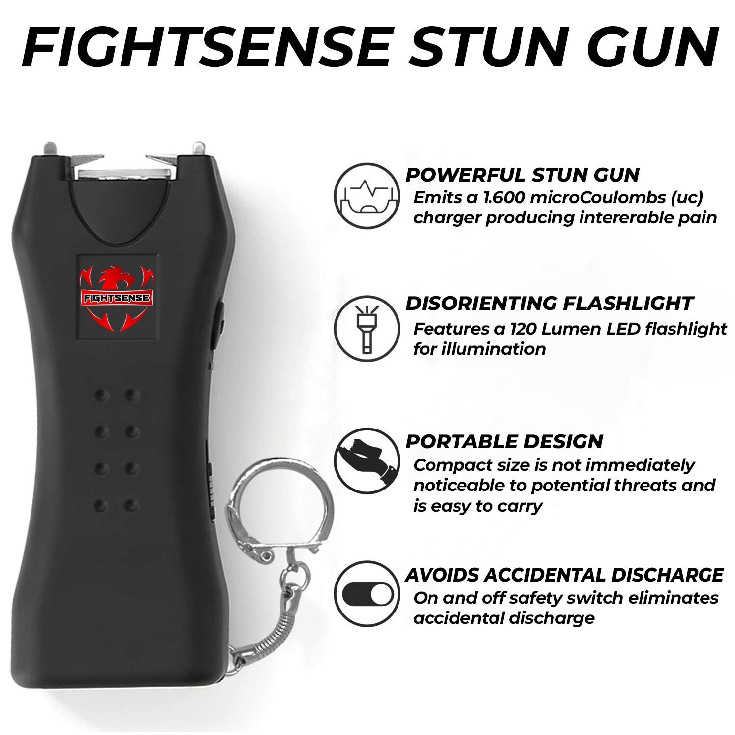 FIGHTSENSE Rechargeable Stun Gun 10 Mil Volts With Led Light Extremely Powerful