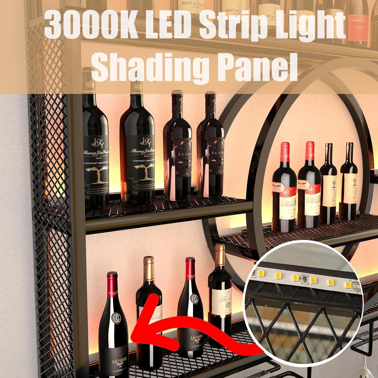 Wall Mounted LED Wine Rack Metal Bar Bottle Display Shelf with Wine Glass Rack
