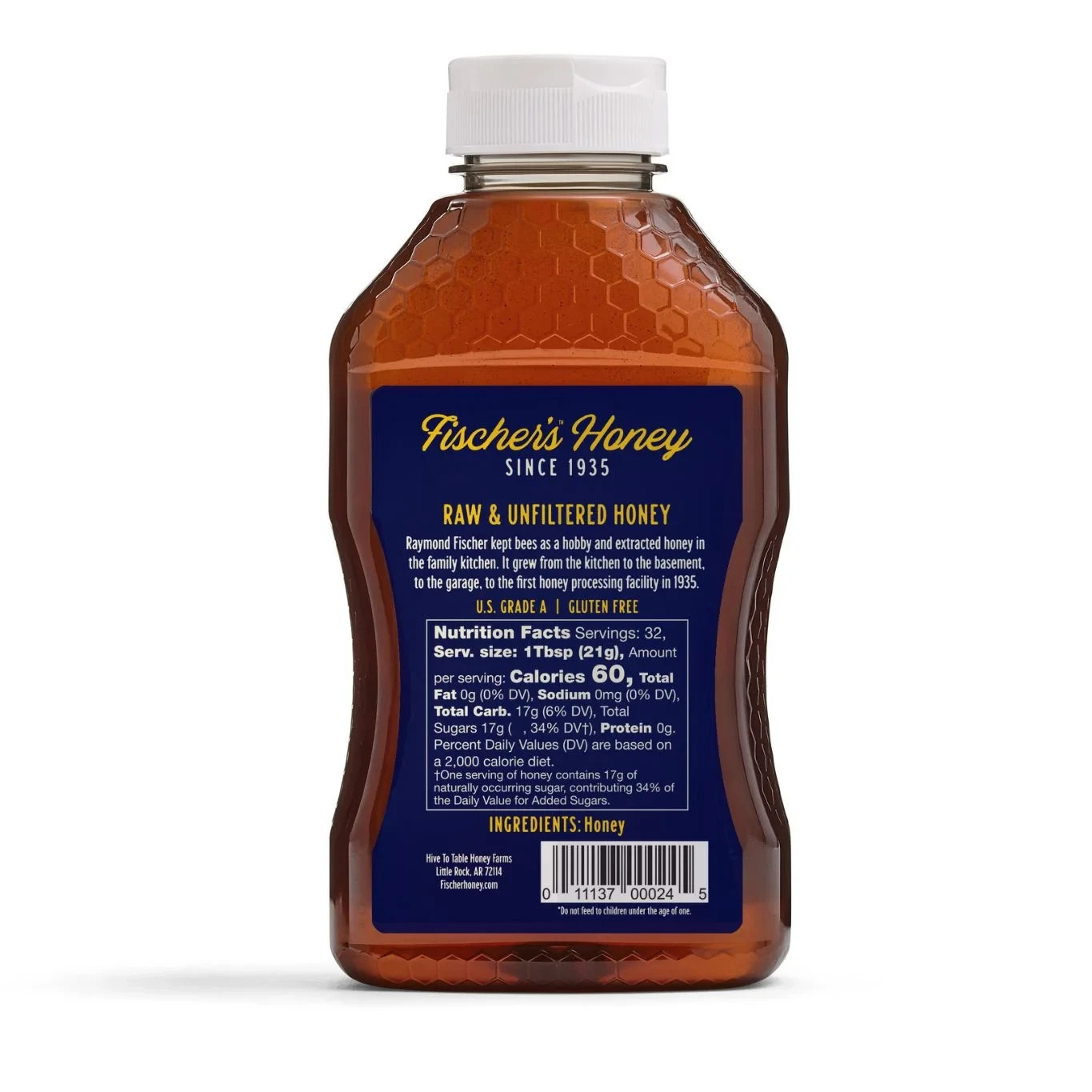Fischers Honey, 24oz Raw and Unfiltered, Premium, Pure, Squeeze Bottle