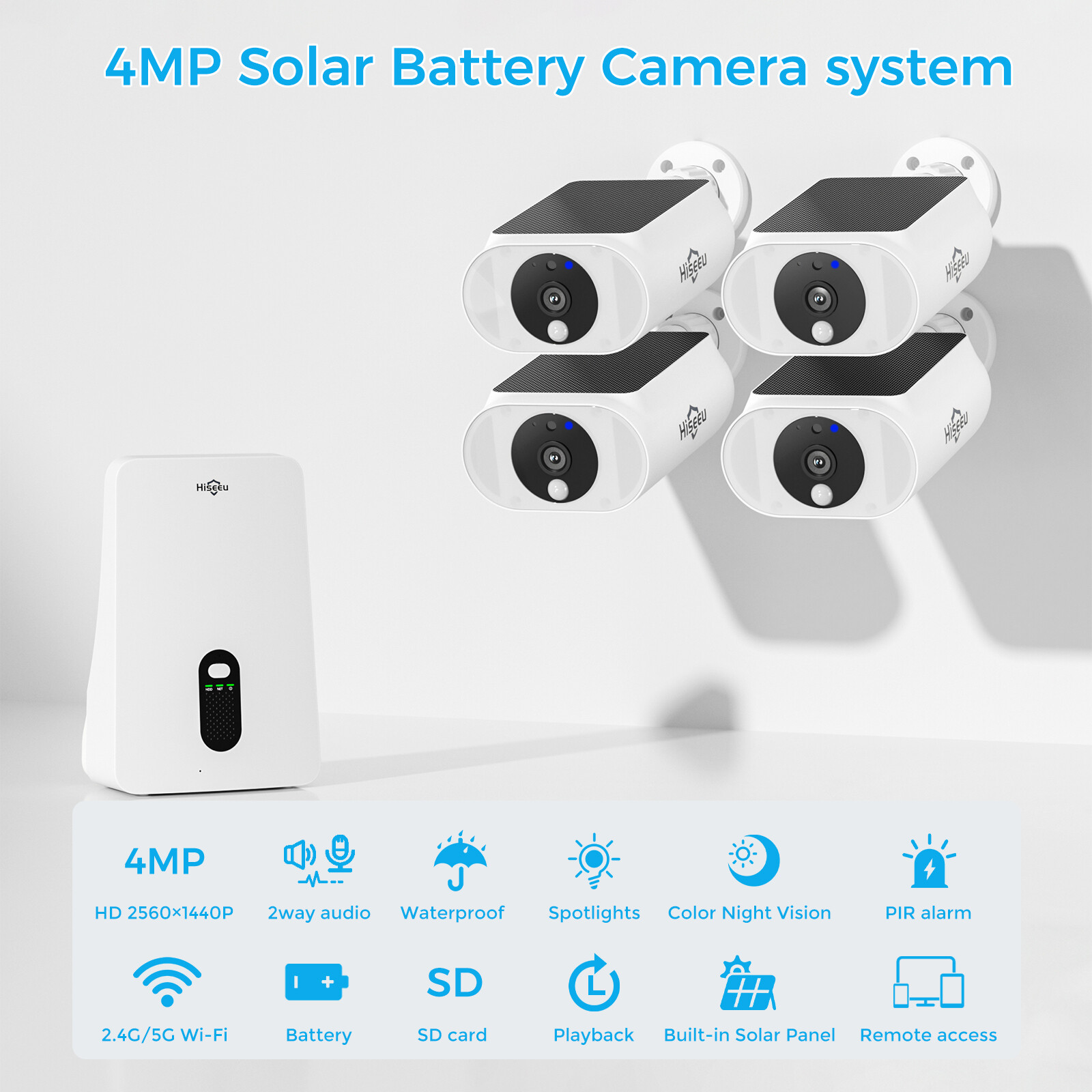 Hiseeu 4MP 10CH Wireless WIFI Solar Battery Powered Security Camera System Audio