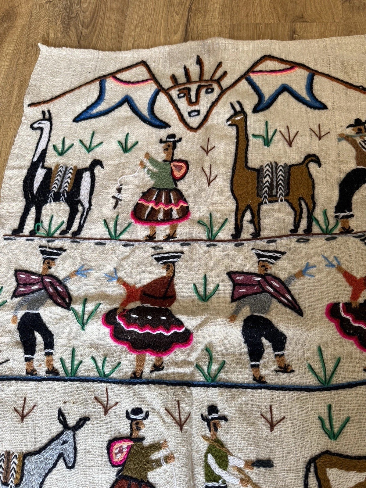 Vintage Peruvian Embroidered Wool Tapestry Wedding Celebration 39x24”