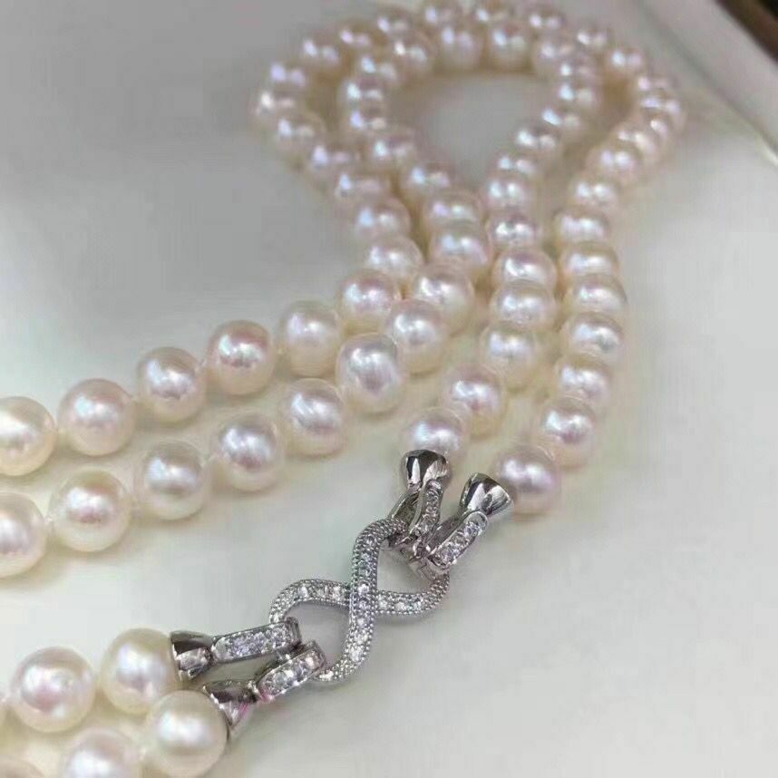 20 inch Double strands AAA++ 7-8mm natural Akoya white pearl necklace 925S