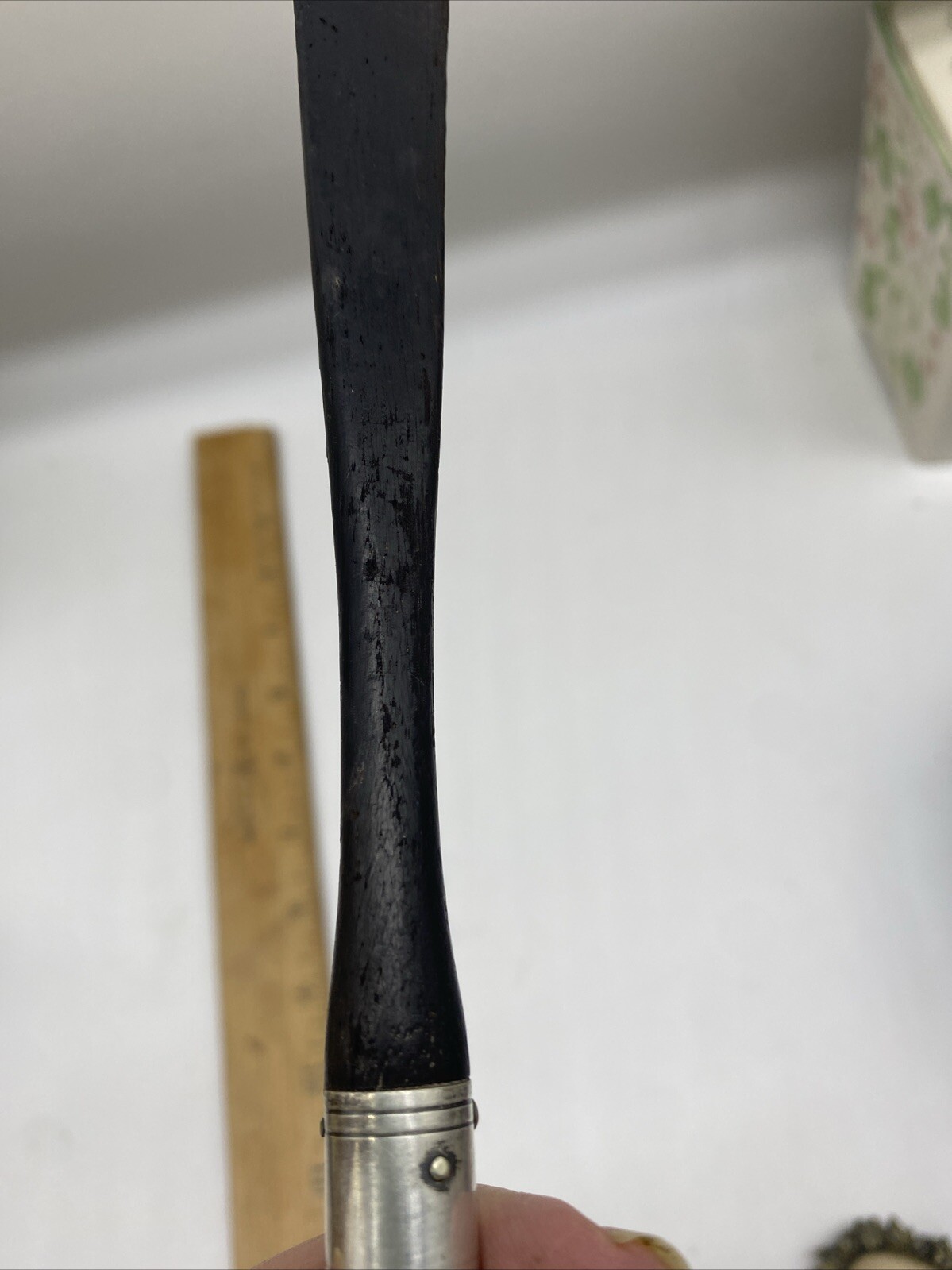 Antique Large Victorian Ornate Silver Serving Fork Wooden Handle 12"