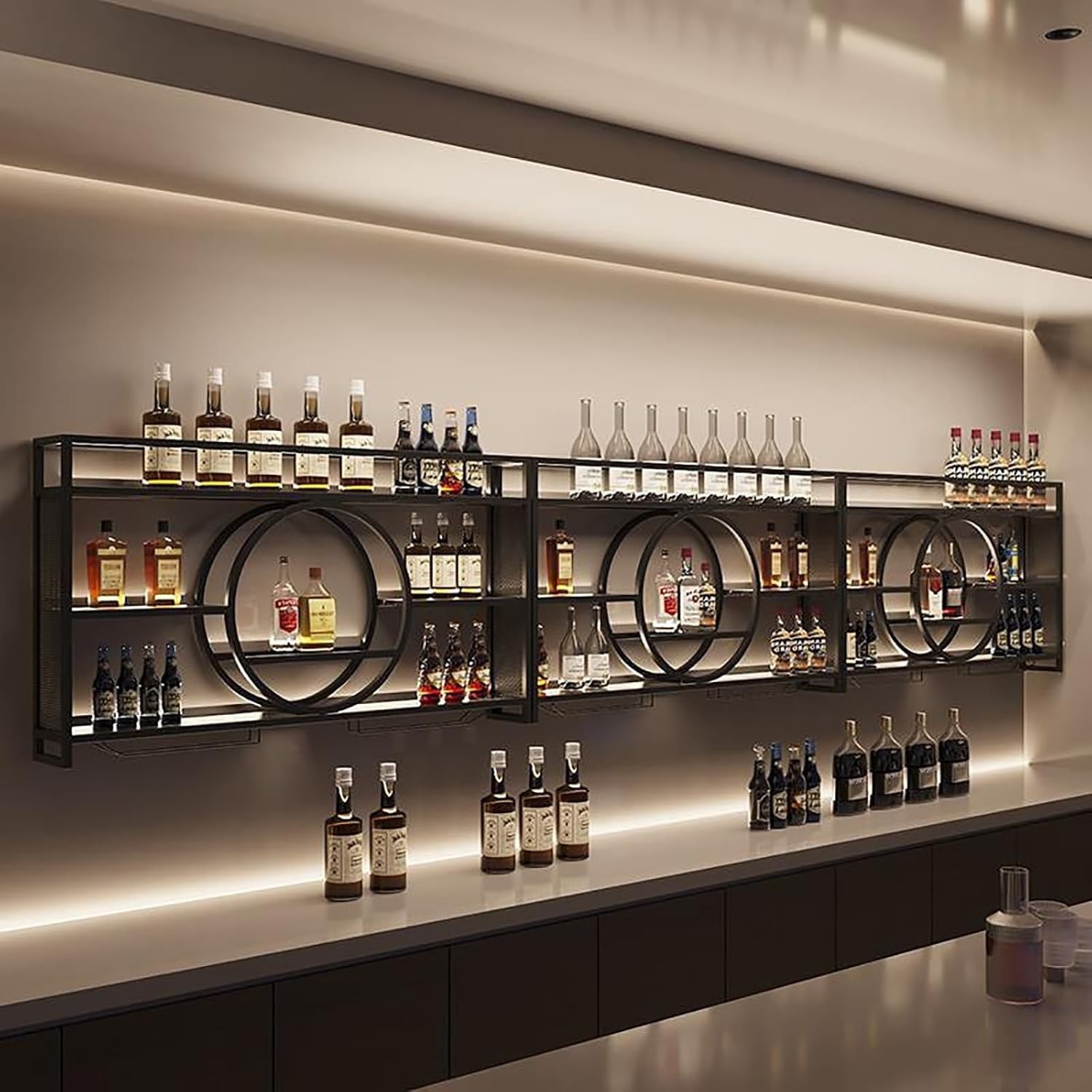 Wall Mounted LED Wine Rack Metal Bar Bottle Display Shelf with Wine Glass Rack