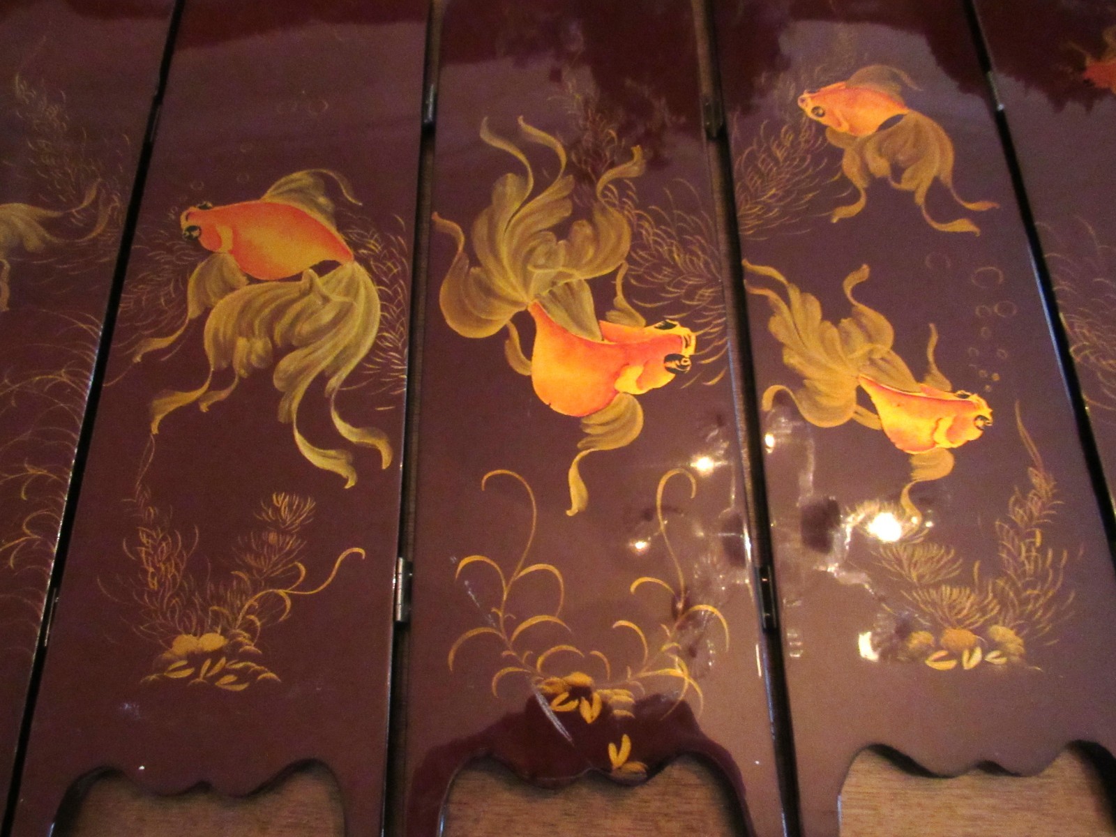 Asian 6 Panel 2 Side Lacquer Wood MOP Abalone Gold Fish Screen Divider 14"x28"