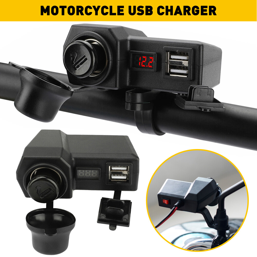 Motorcycle Handlebar Cigarette Lighter Socket Dual Charger USB W/ LED Voltmeter