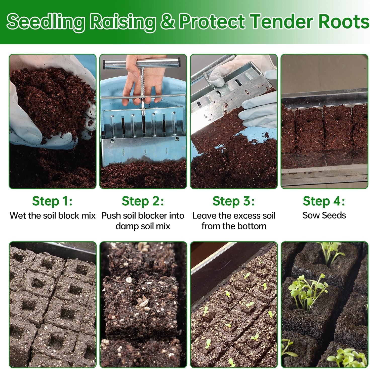 Soil Blocker, 4 Cell Soil Block Maker 2 Inch with 3 Sizes Seed PinsSeed Handheld