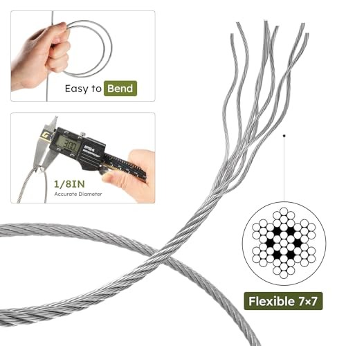 7 x 7 Strands Wire Rope with Aluminium 200FT 1/8 Inch Stainless Steel Cable Kit