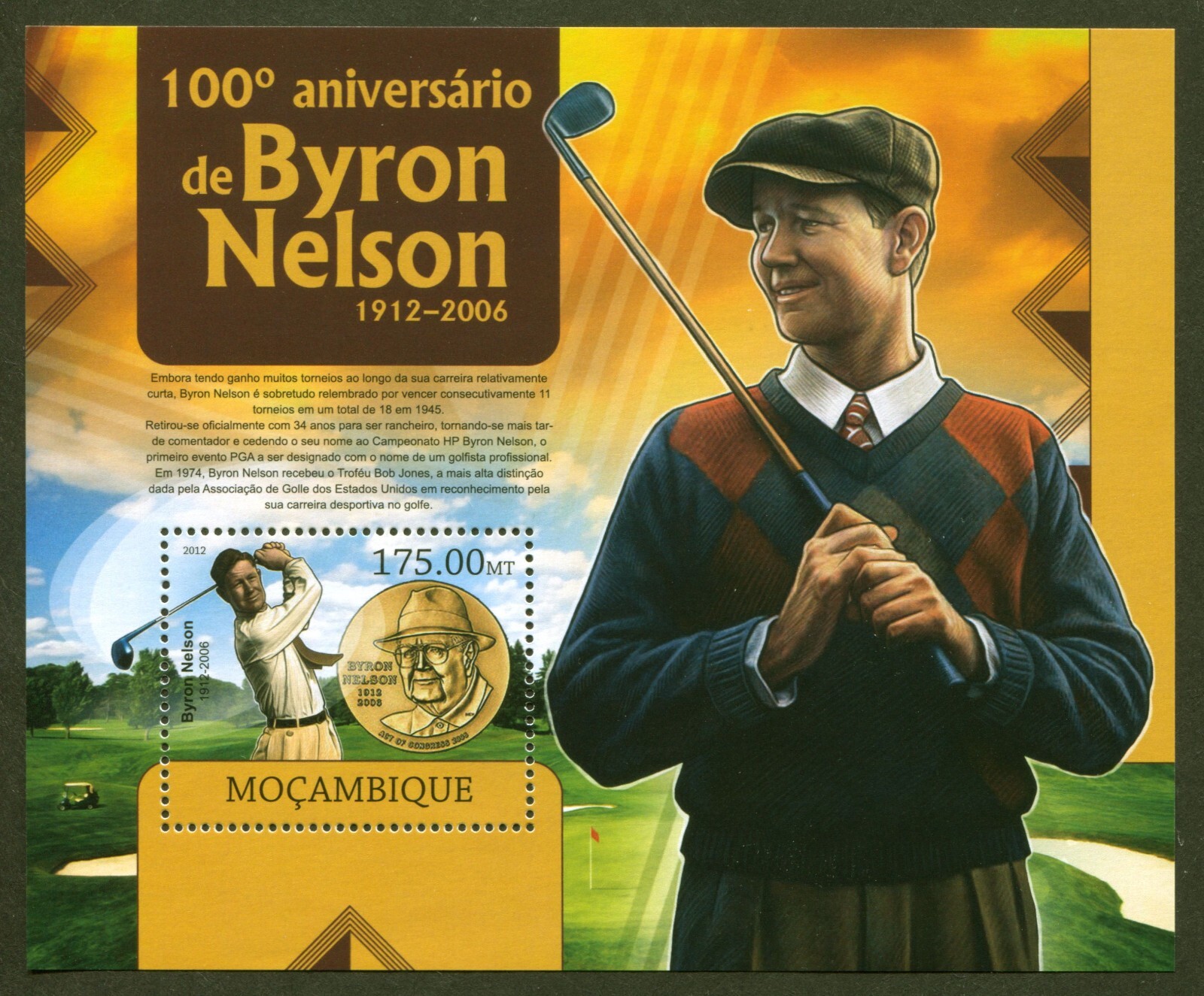 Mozambique Sc# 2680, Golf - Byron Nelson Souv. Sheet, VF/XF MNH, SCV: $12.50