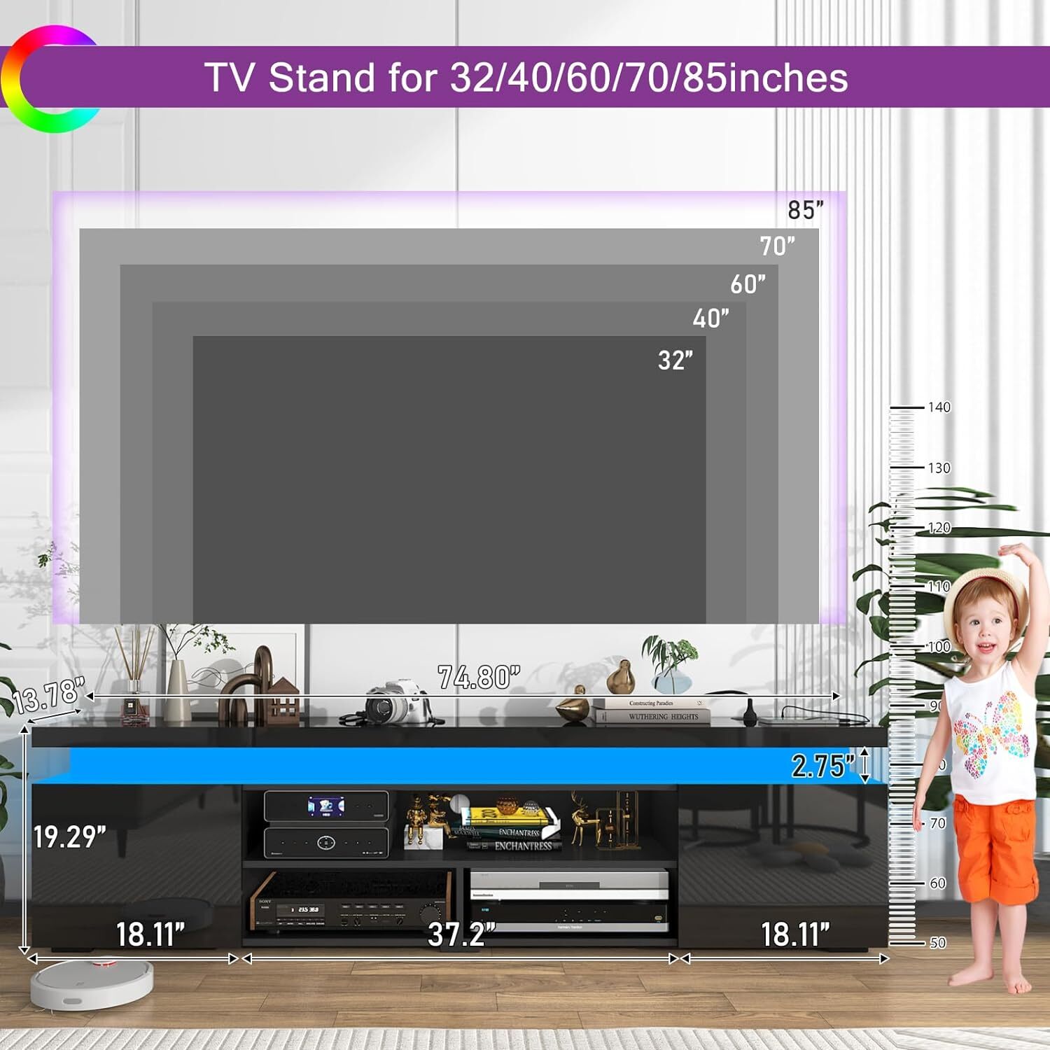 66"/75" Modern High Gloss LED TV Stand, Entertainment Center for 75"/85" TV