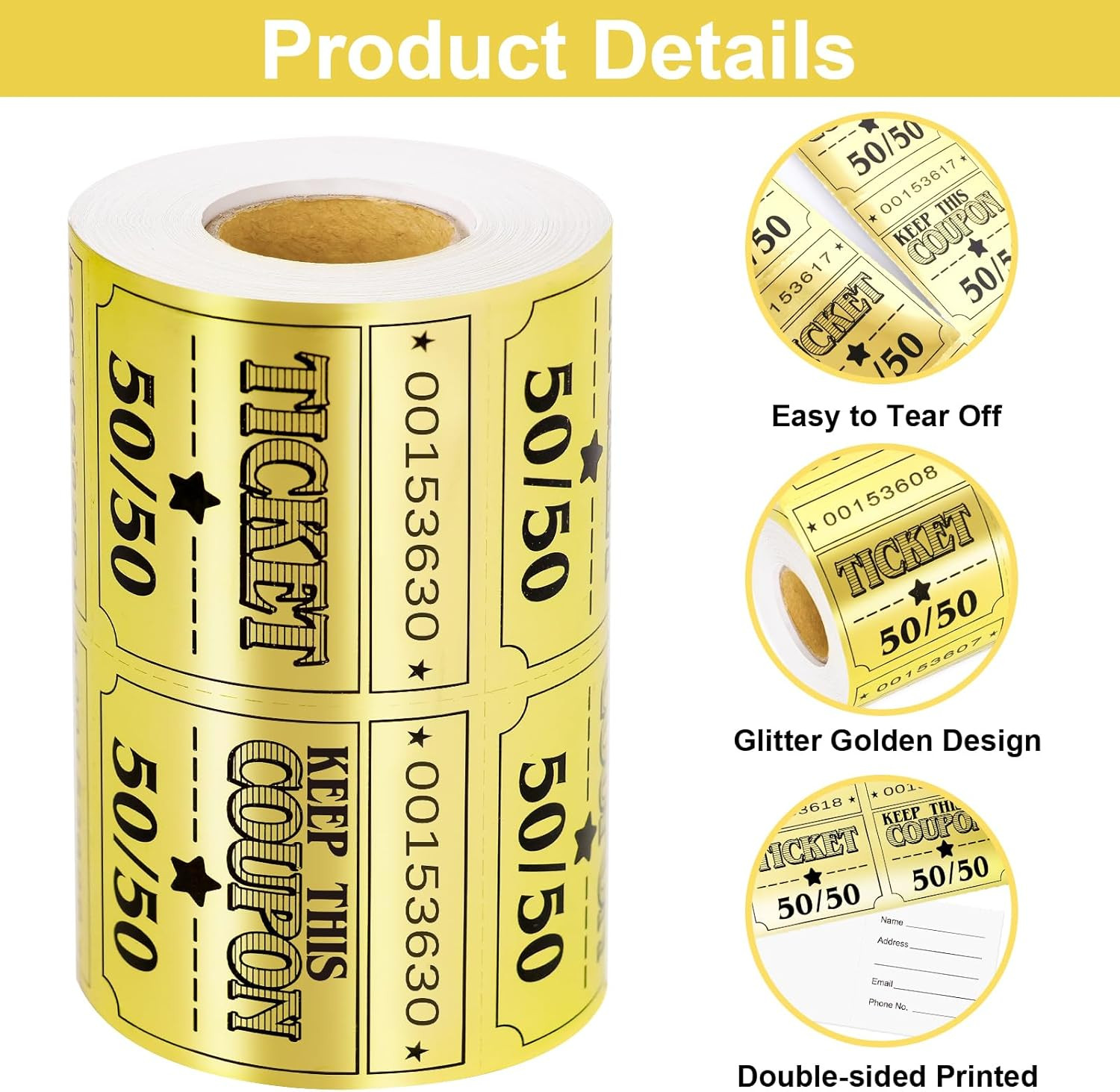 Large 50/50 Raffle Tickets Double Roll 300Pcs Gold Glitter Cards Tickets for Hap