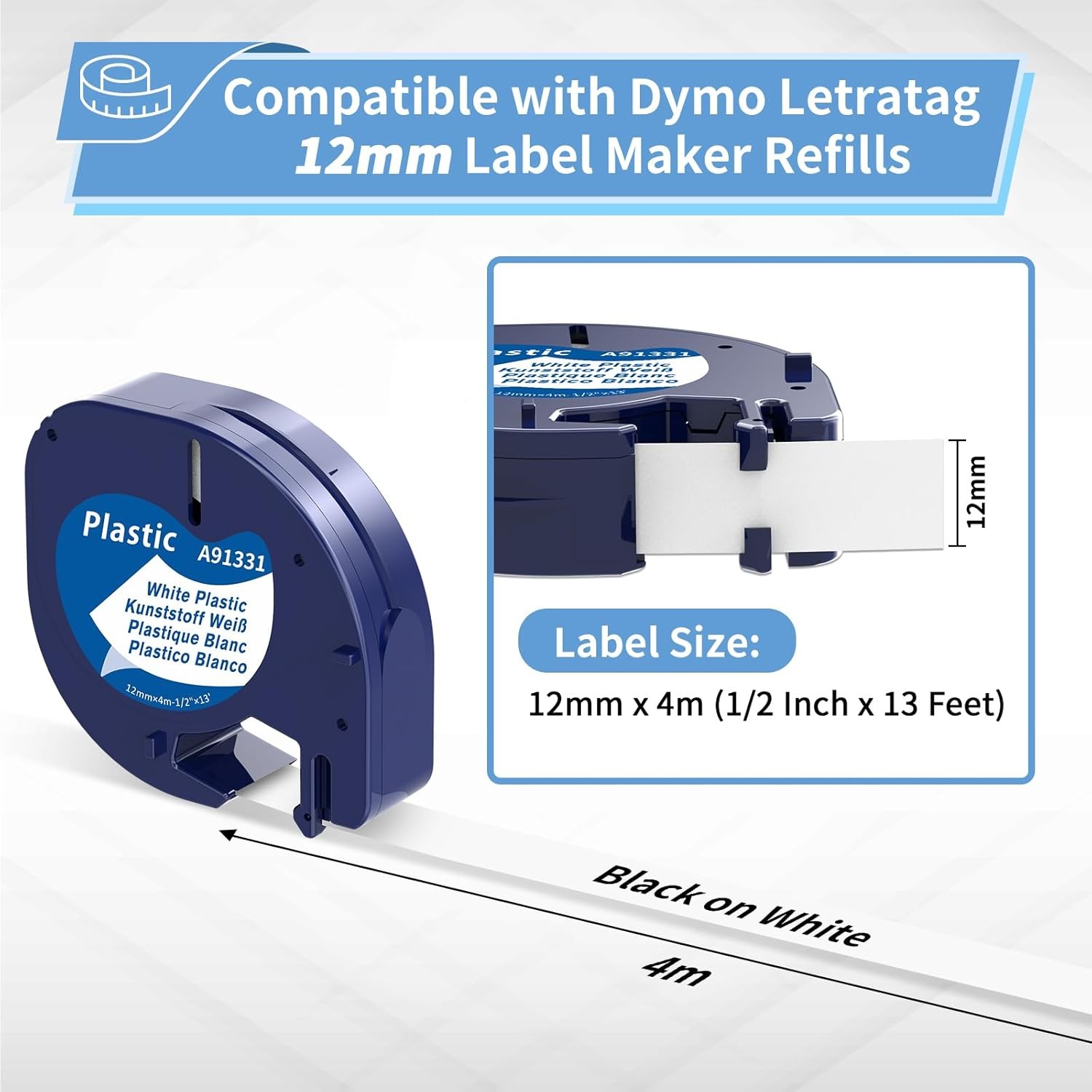 7PK Dymo Letratag Refill 91331 91330 White Plastic 12mm Label Tape 1/2" LT-100H