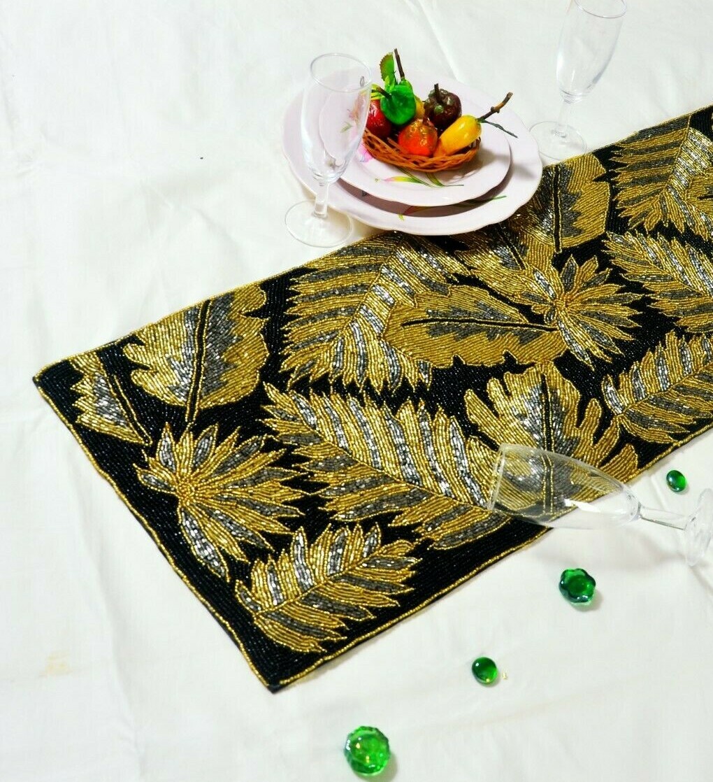 Beaded Table Runner Black And Gold Leaves Table Runner Autumn Tableware 13X36 In