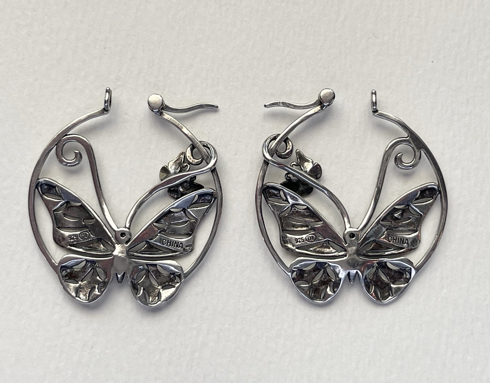 Sterling Silver Butterfly Hoop Earrings & Pendant Necklace 18” Set Signed 925 DL