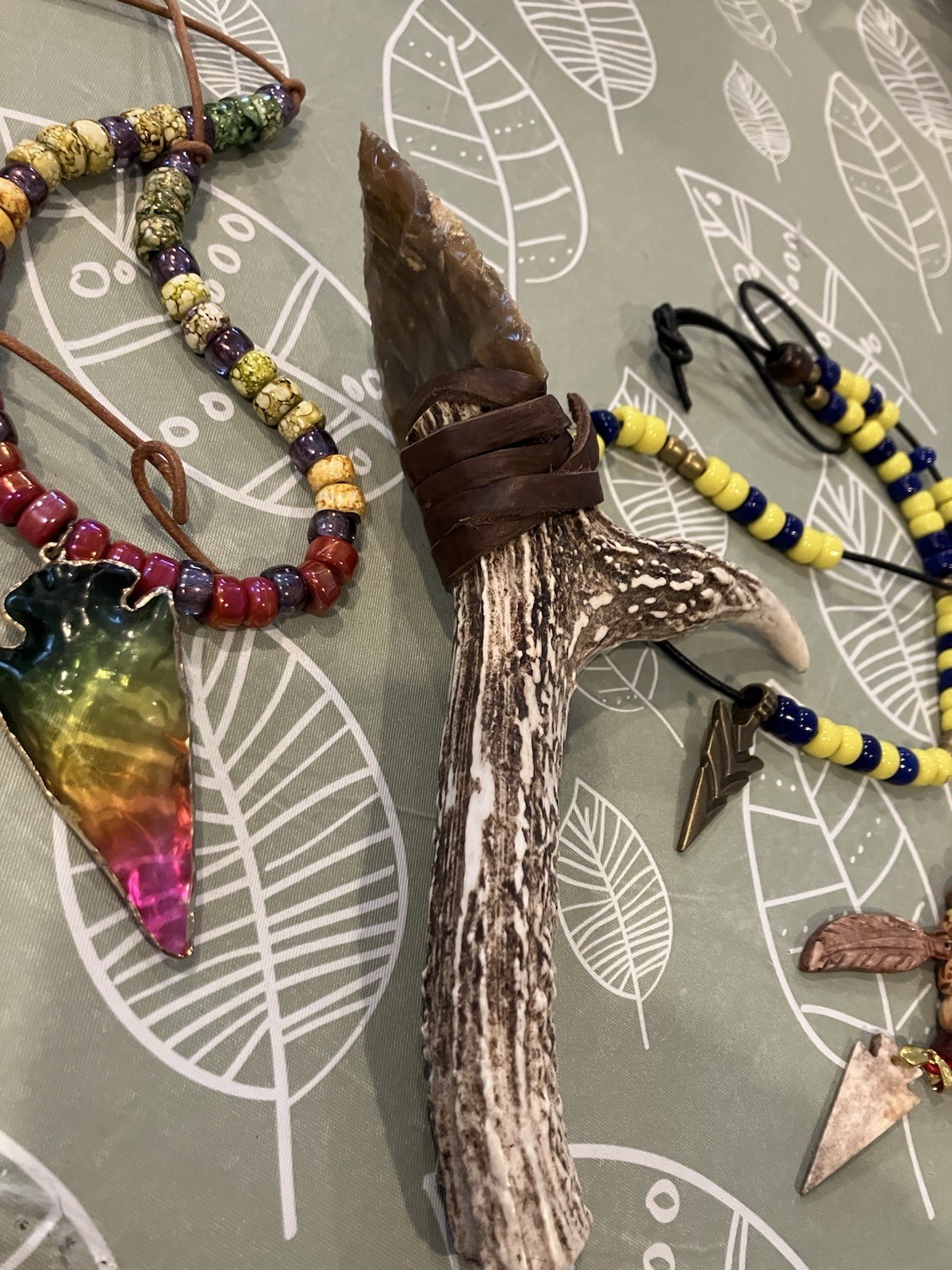 Flint Knapped Stone Arrowhead Blade W/ Antler Handle Knife 8.”inch & EXTRAS