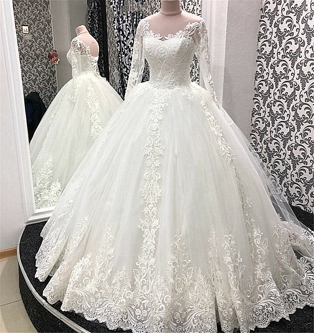 Long Sleeves Wedding Dresses Lace Appliques Court Train Bridal Gowns Custom Size