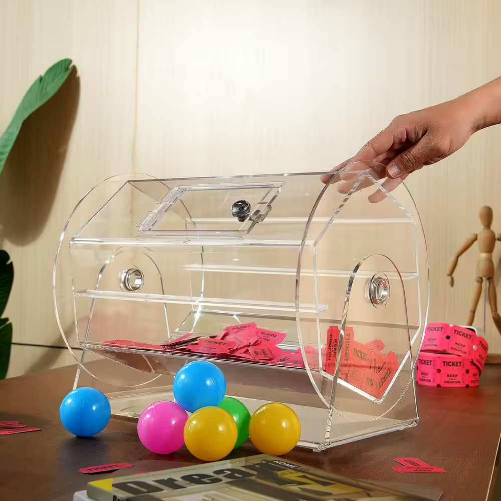 Acrylic Raffle Drum, Professional Raffle Ticket Spinning Cage with 2 Keys, Trans