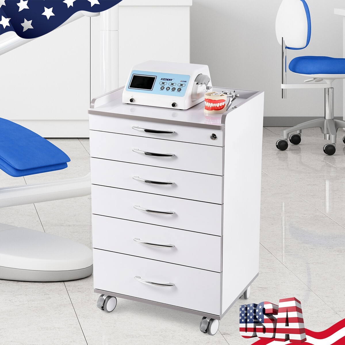 Dental Mobile Medical Cart Cabinet 5 Drawers Instrument Stand Lab Overbed Table