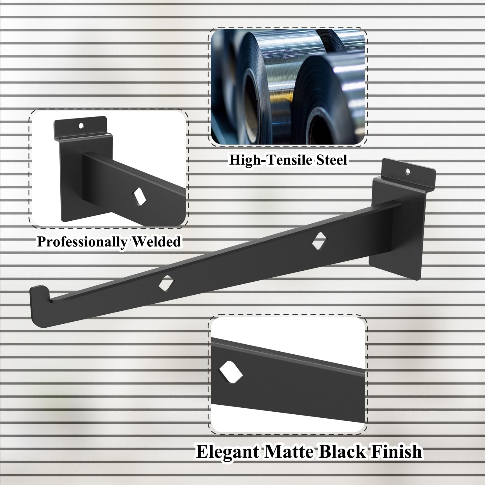 12 Pcs 12 Black Slatwall Shelf Bracket, Metal, Heavy Duty, Slat Wall, Garage