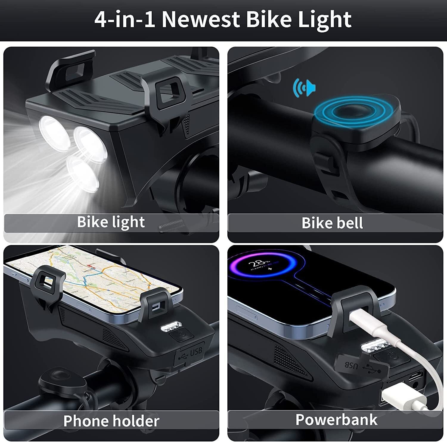 40000LM USB Rechargeable LED Cycle Bike Headlight Phone Holder With Power Bank